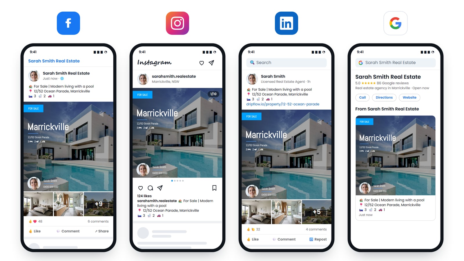 A Just Listed post created by Dripflow on Facebook, Instagram, LinkedIn and Google Business Profile: the same listing graphic on each, followed by the property photos on Facebook, Instagram and LinkedIn