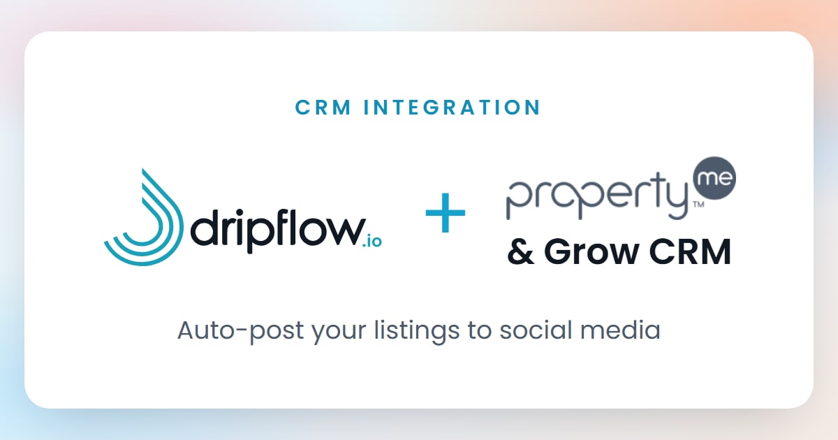 Dripflow, PropertyMe and Grow CRM logos: CRM integration, auto-post your listings to social media
