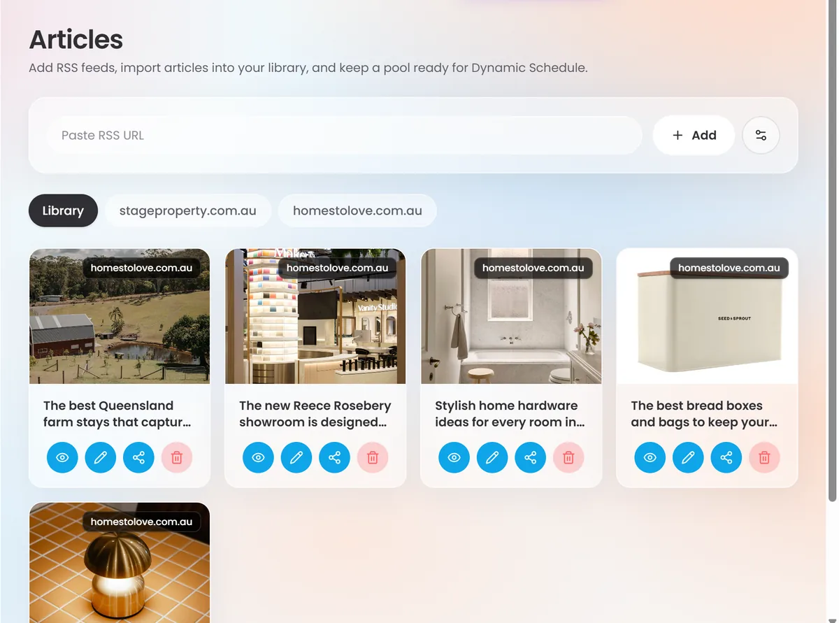 Dripflow Articles screen with real estate articles imported from RSS sources