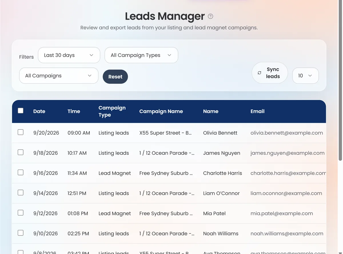 Dripflow Leads Manager listing new leads from listing lead ads and a suburb report lead magnet