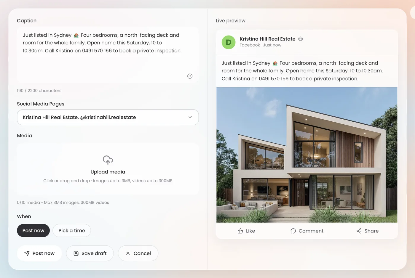 Dripflow post composer with a caption, the page it posts to and a live Facebook preview