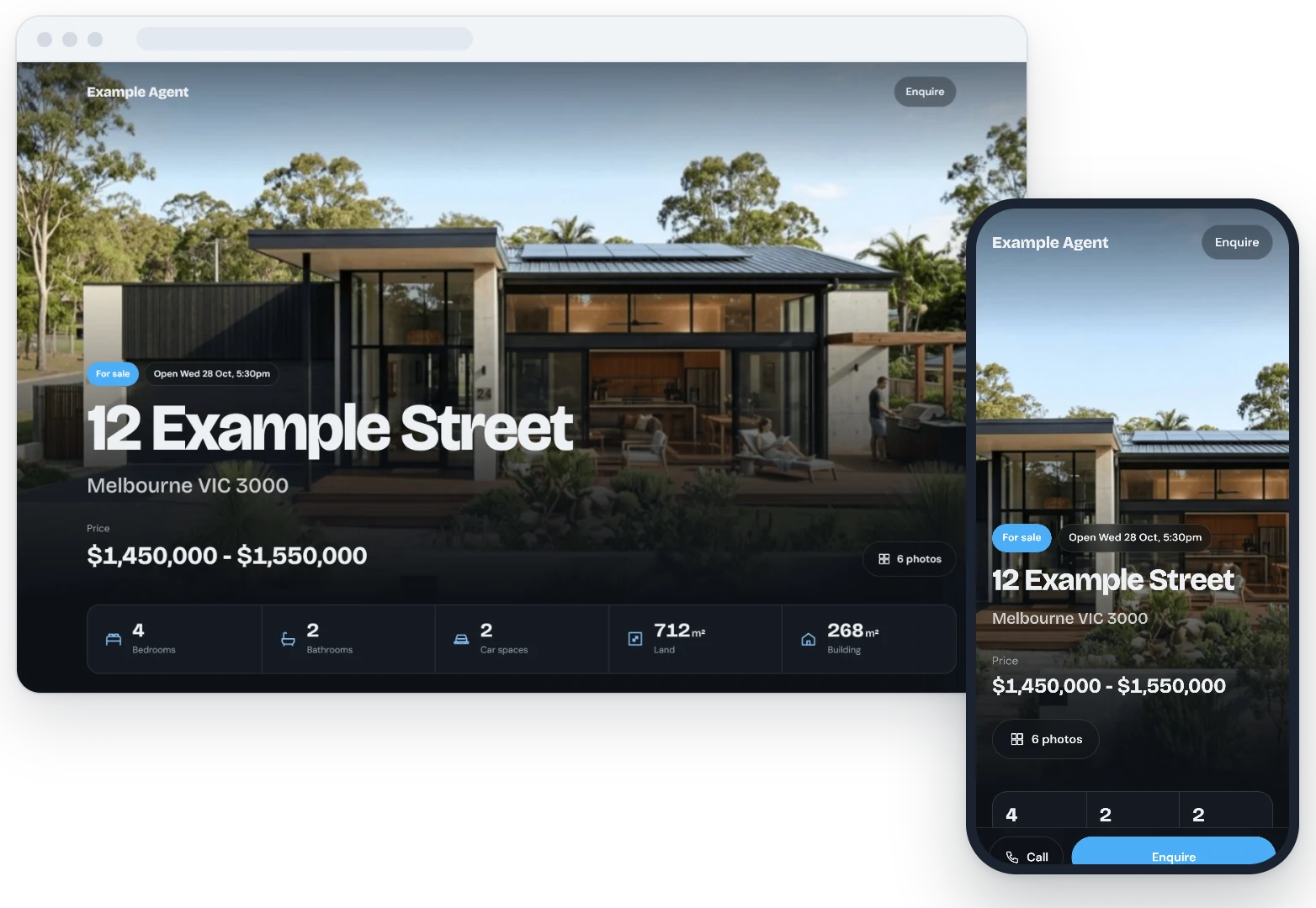 A Dripflow property website for 12 Example Street on a desktop browser and a phone, with the price, the property details and an Enquire button