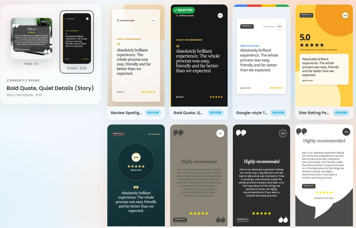Dripflow review graphic templates in feed and story sizes, each showing a five star client review